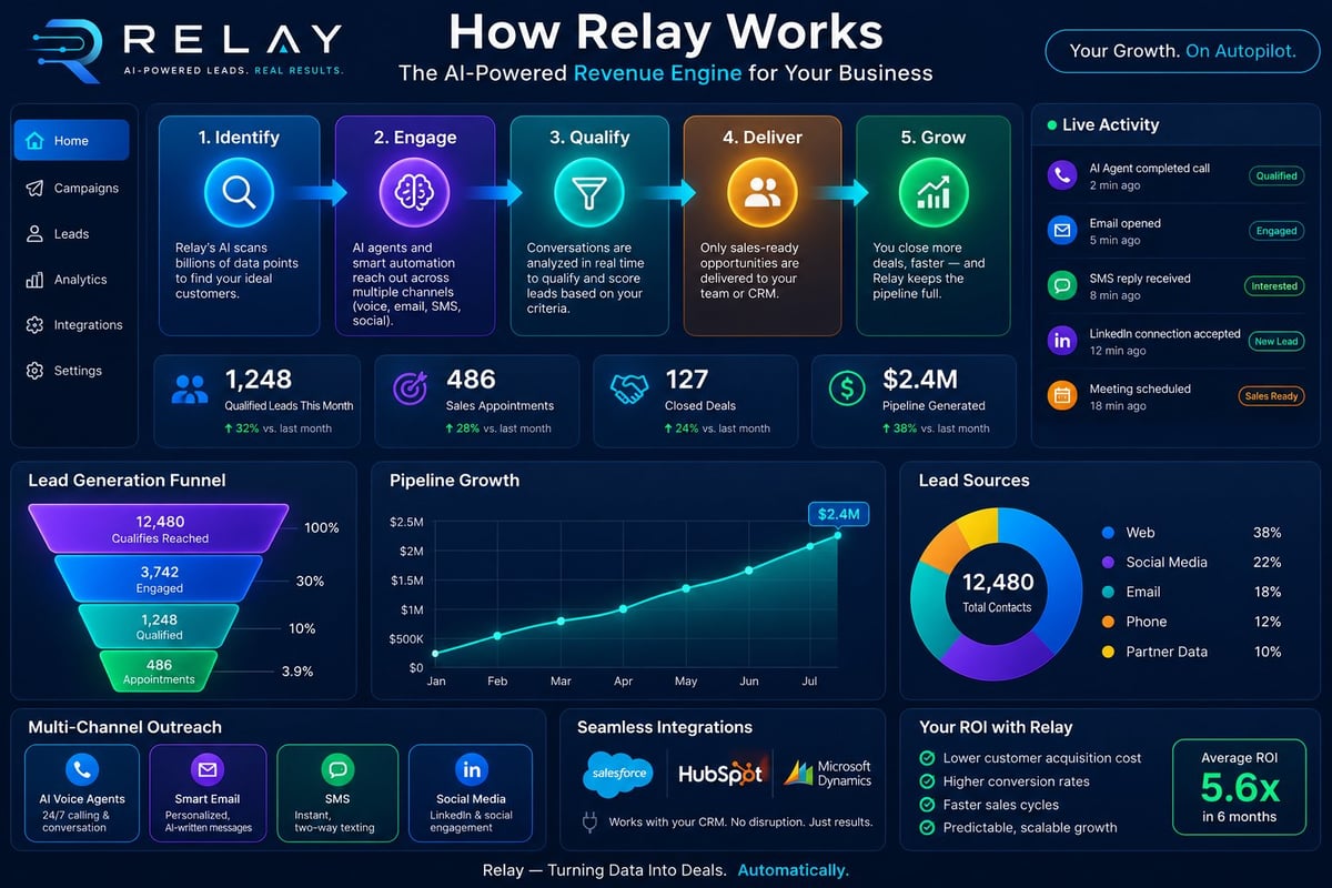Relay AI-powered revenue engine dashboard showing workflow steps, growth metrics, lead generation funnel, and integration capabilities